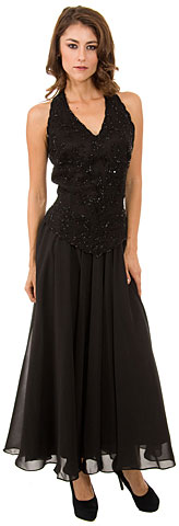 Long Formal Dress with Hand Beaded Top and Flared Skirt